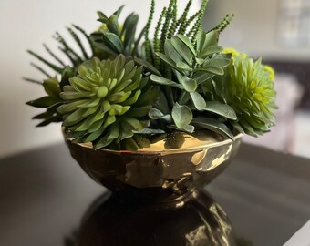 Faux Succulent Planter, Succulent Gold Bowl, Succulent Arrangement, Artificial Succulent Planter, Faux Succulent Centerpiece