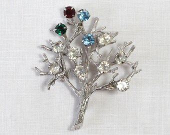 Vintage Sterling Tree Brooch, Family Tree, Sterling Silver, Ruby, Emerald, Aquamarine, Clear Rhinestones, Prong Set, KC
