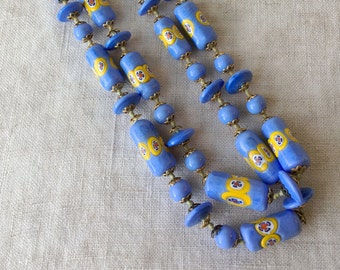 Vintage Millefiori Glass Necklace, Blue Yellow, Italian Glass, KC083