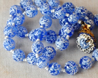 Vintage Italian Glass Necklace, Blue, White Speckled, Venetian Style, Handblown Glass Beads, KC106