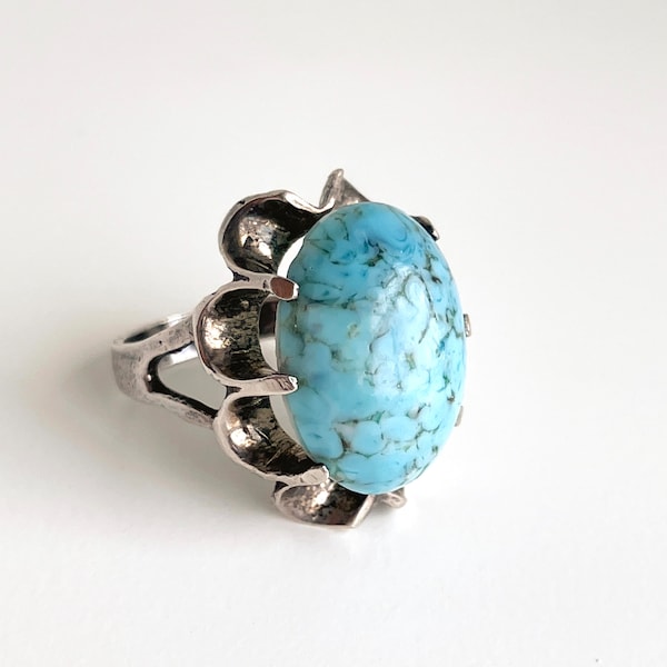 Vintage Mexico 925 Hubbell Glass Ring, 1940s Sterling Mexico Ring, Robin's Egg Glass Ring