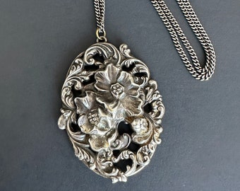 Vintage Floral Silver Plate Pendant on Sterling Chain