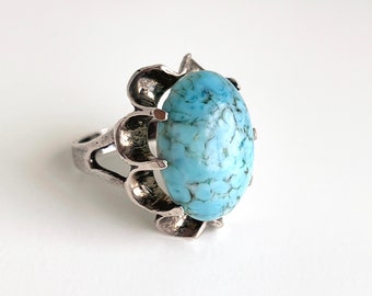 Vintage Mexico 925 Hubbell Glass Ring, 1940s Sterling Mexico Ring, Robin's Egg Glass Ring