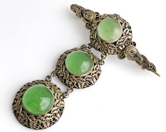 Antique Chinese Glass Gilt Silver Filigree Brooch, Chinese Export, Antique Imitation Jade, Articulated Chinese Brooch