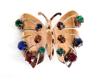 1940s Sterling & Rose Gold Rhinestone Butterfly Brooch