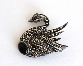 Sterling Marcasite Swan Brooch