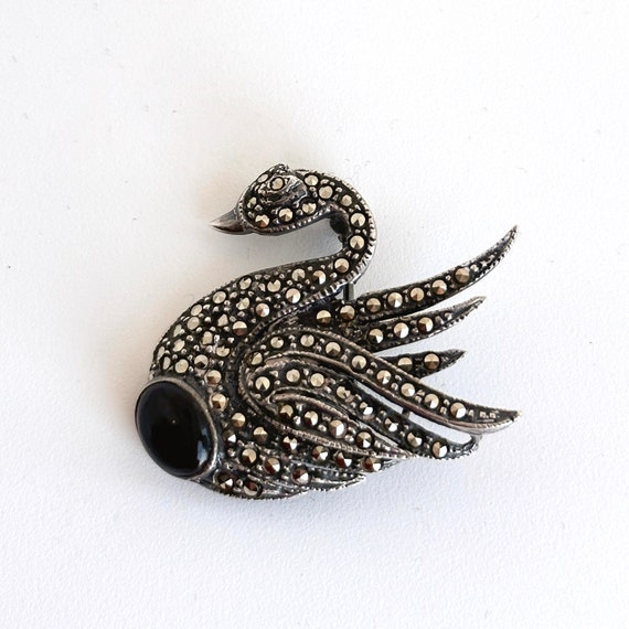 Sterling Marcasite Swan Brooch