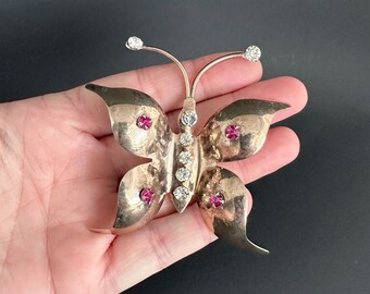 1940s Sterling & Rose Gold Rhinestone Butterfly Brooch