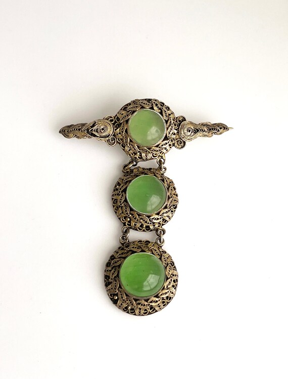 Antique Chinese Glass Gilt Silver Filigree Brooch… - image 2