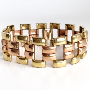 Vintage 1940s 1950s Retro Rose & Yellow Gold-Fill Tank Track Bracelet