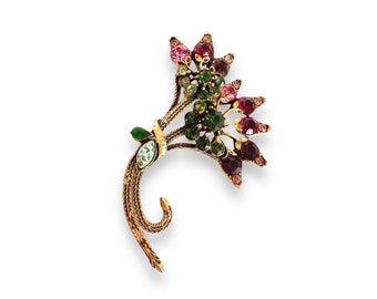 Vintage Florenza Pinks & Greens Rhinestone Flower Spray Brooch