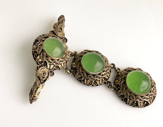 Antique Chinese Glass Gilt Silver Filigree Brooch… - image 3