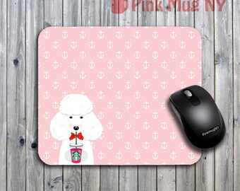 Personalized computer Mouse pad, gift idea, desk accessory - I love Starbucks - Poodle - White