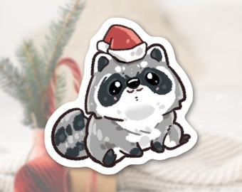 Christmas Raccoon Sticker: Matte Waterproof Holiday Animal Decal