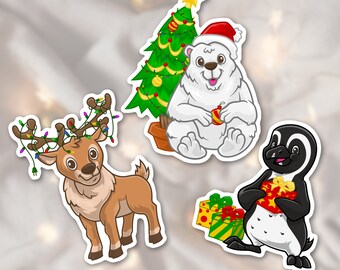 Christmas Animal Stickers: Holiday Matte Vinyl Die Cut Stickers