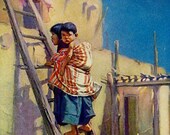 Taking The Elevator, Hopiland 1920 American Indian Lithograph Print Fred Harvey Full Color Bookplate Beautiful Wall Art Illustration