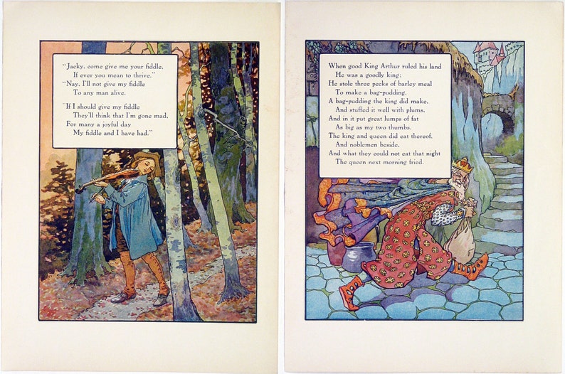 Vintage 1915 Mother Goose Rhymes Print Wall Art By Frederick Richardson Full Color Lithograph When Good King Arthur Childrens Illustration - 