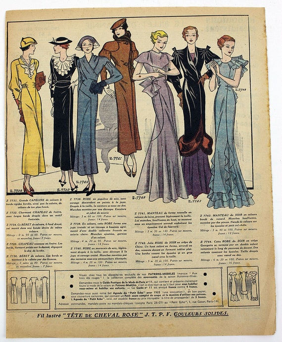 1933 French Fashion Color Plate Print from Le Petit Echo de la Mode Magazine for November 1933 Beautiful Fashion DressModel Clothes #27