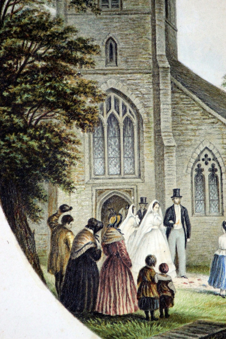 Circa 1875 Original Baxter Society Color Chromolithograph Oval Print Wedding Day Le Blond Co. Printed in London NY 6 34 x 5 14