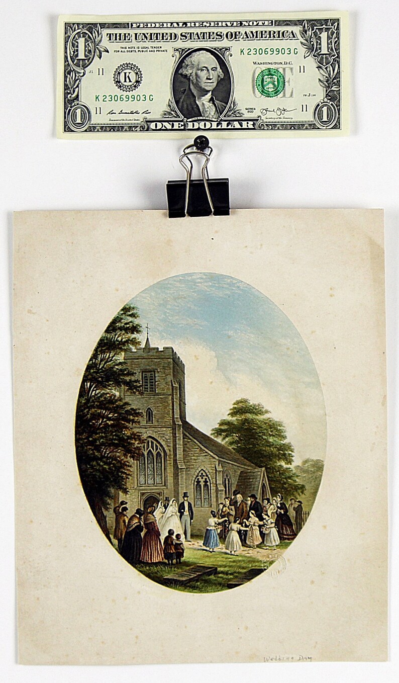Circa 1875 Original Baxter Society Color Chromolithograph Oval Print Wedding Day Le Blond Co. Printed in London NY 6 34 x 5 14