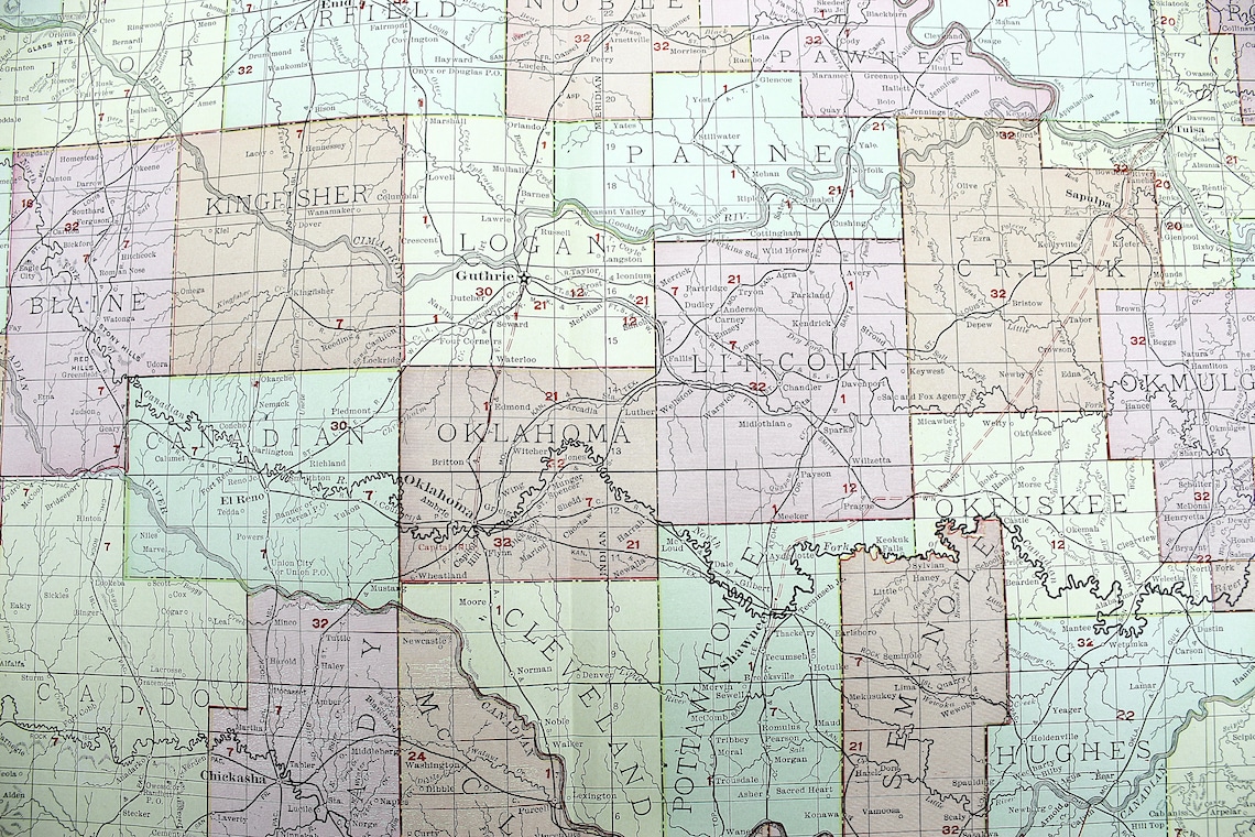 Huge 1903 Antique Railroad Map of Oklahoma Guthrie Muskogee  Etsy