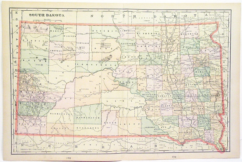 Large 1890s Color Atlas Map of The State Of South Dakota by Etsy