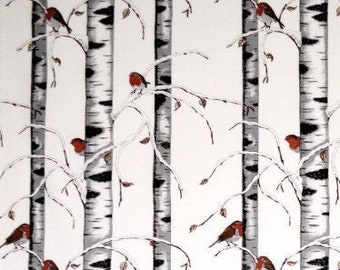 Scandinavian Cotton canvas fabric Birds Tree Robins Bullfinches fabric Remnants