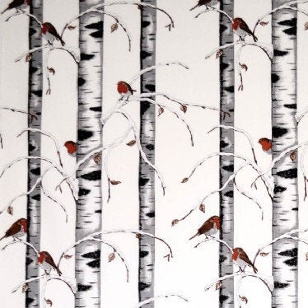 Scandinavian Cotton canvas fabric Birds Tree Robins Bullfinches fabric Remnants