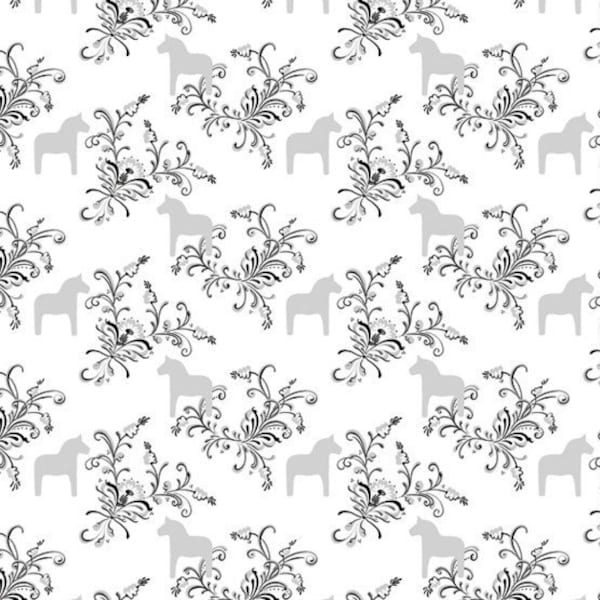 Scandinavian Cotton fabric -Leksand - Silver Black Off-White - Retro  Dala Horse- 59 inches (150 cm) wide