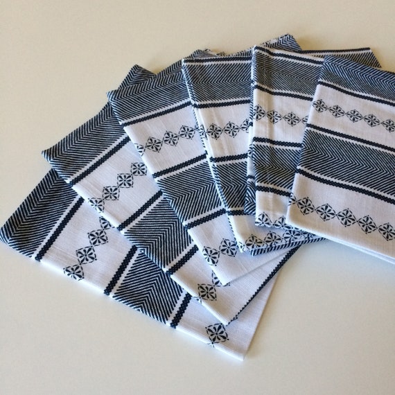 Cotton Napkins - Linen Napkins Reusable Napkins Handmade Napkins Navy Blue Striped Napkins Set