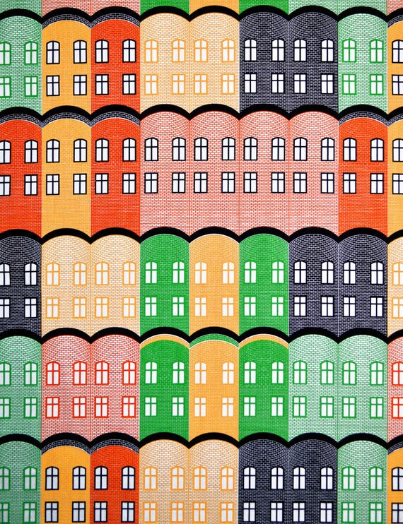 Linen Fabric fabric Scandinavian linen fabric - Multicolour - Geometric Houses