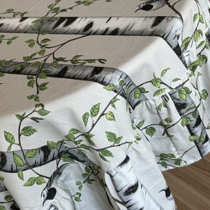 Round ruffled cotton canvas tablecloth Birds Ecru background Round 190cm / 74in