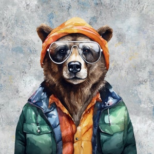 May include: A watercolor illustration of a brown bear wearing a yellow beanie, aviator sunglasses, a button-down shirt, and a green jacket. The bear is centered against a textured gray background.