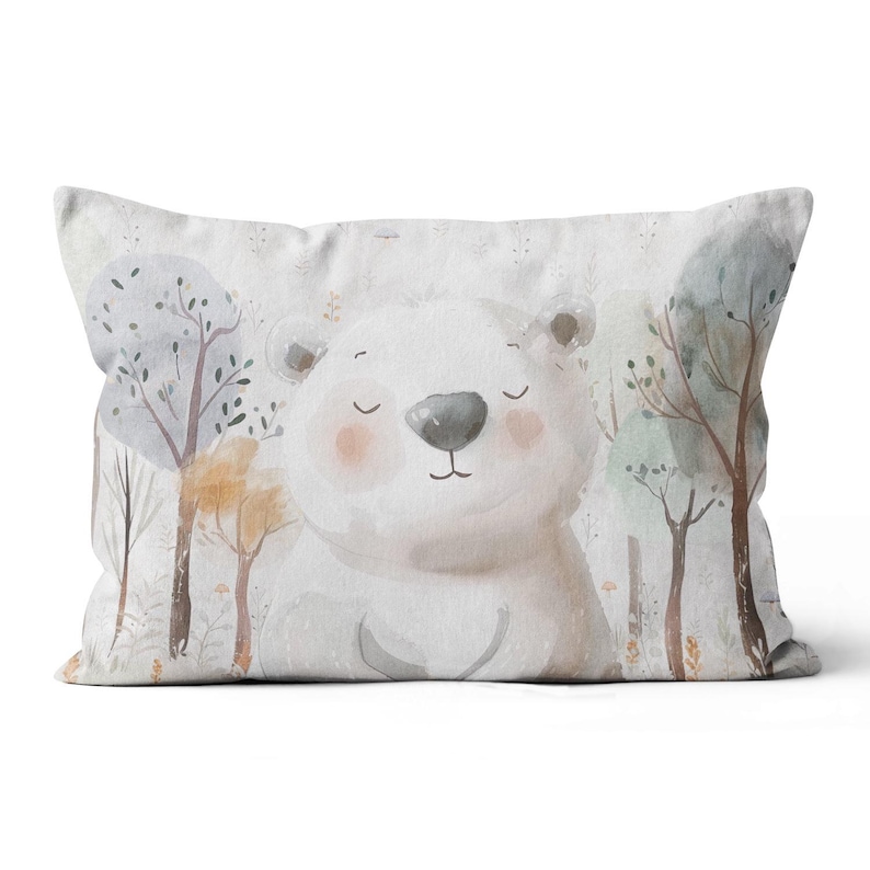 May include: A white bear with closed eyes is sitting in a watercolor forest scene. The bear is surrounded by trees with brown trunks and green leaves. The background is a light gray color.