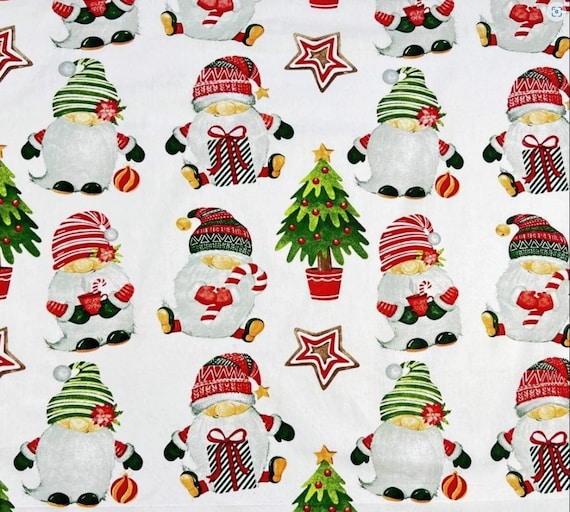 Christmas fabric Gnomes Elves white background 100% cotton fabric