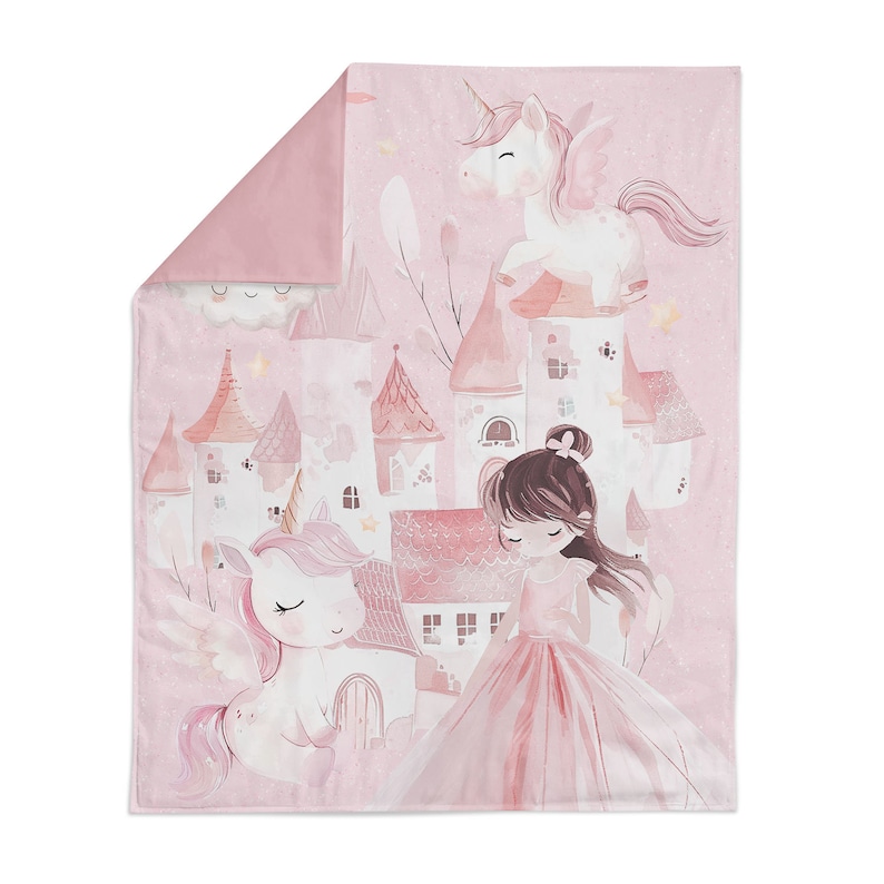 May include: A pink and white watercolor illustration of a princess in a pink dress and a unicorn in front of a pink castle. The background is a light pink with stars and clouds.