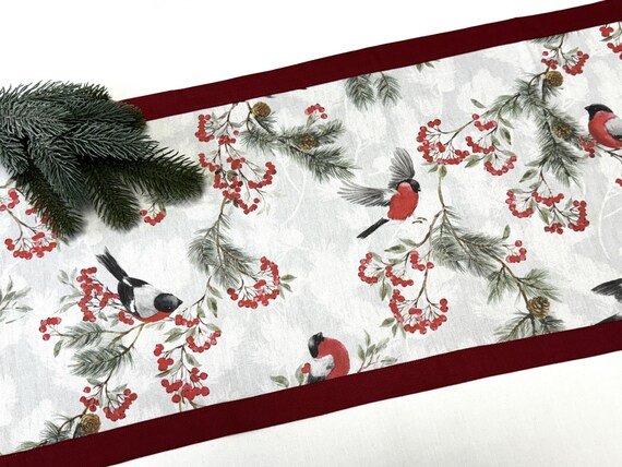 Cotton Table runner Winter Robin Birds Double-sided 35cm*142cm / 14in x 55in