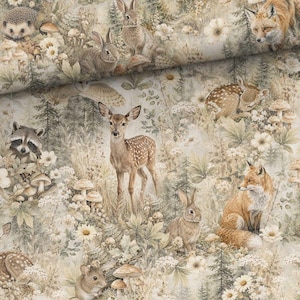 May include: Fabric featuring a woodland scene with a fawn, foxes, rabbits, a hedgehog, a raccoon, and a mouse amidst beige and brown wildflowers, mushrooms, and trees. The detailed illustration depicts various forest animals in a natural setting.