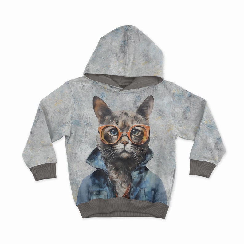 May include: A gray hoodie featuring a cat wearing orange glasses and a denim jacket. The cat's portrait is centered on the front of the hoodie, with a textured gray background and gray cuffs and hood lining.