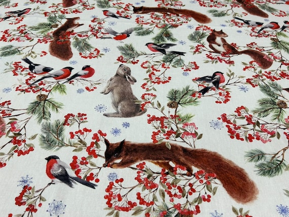 Scandinavian Winter Animals Cotton Fabric – Robin, Fox, Squirrel, Hare