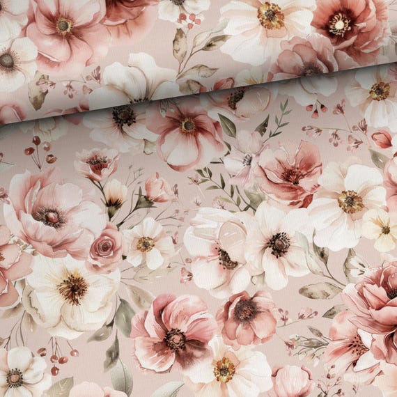 Floral cotton fabric by the yard, pink pastel flowers for sewing and quilting