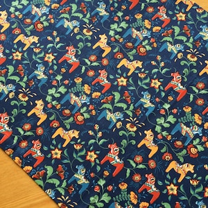 Table runner Cotton Tablerunner - Tabletop Scandinavian cotton fabric Dala Horse Navy Blue 52cm x 140cm /20 inches x 55 inches