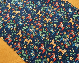 Table runner Cotton Tablerunner - Tabletop Scandinavian cotton fabric Dala Horse Navy Blue 52cm x 140cm /20 inches x 55 inches