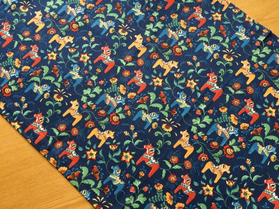 Table runner Cotton Tablerunner - Tabletop Scandinavian cotton fabric Dala Horse Navy Blue 52cm x 140cm /20 inches x 55 inches