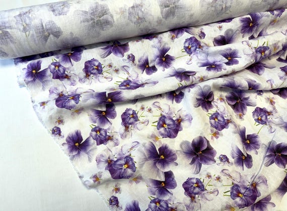 Pansy floral linen fabric Purple Printed linen fabric 145cm wide // 57 in wide