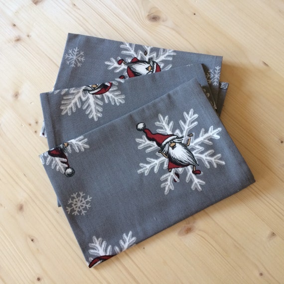 Set of 3 Christmas Napkins - Cotton fabric Snowflakes Gnomes Tomte Grey Red White