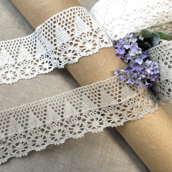LINEN Lace Trim, Natural White or Natural Linen, 100% LINEN - 2.75 inches (70 mm) wide