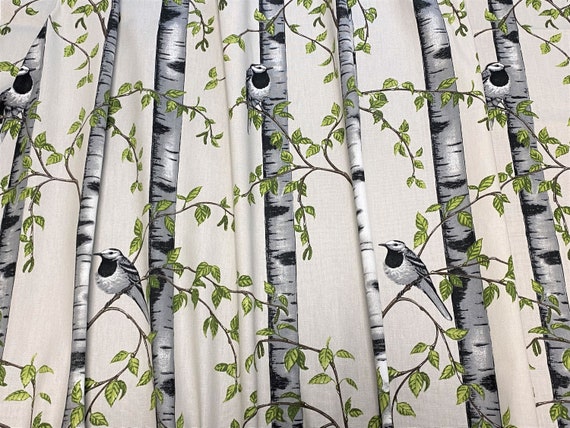 Cotton Curtains Cafe Curtains Kitchen Valance Panels Window Curtains Birds Tree Ecru background