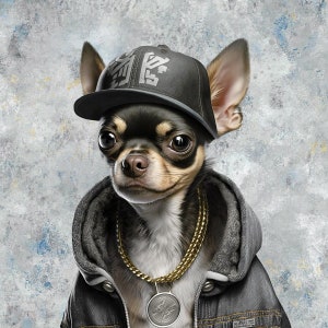 May include: A digitally rendered portrait of a Chihuahua wearing a black baseball cap, a denim jacket, and a gold chain with a pendant. The dog has black and tan fur and large, expressive eyes. The background is a textured, abstract blend of gray, blue, and white.