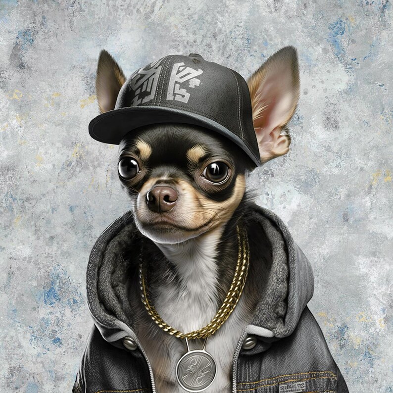 May include: A digitally rendered portrait of a Chihuahua wearing a black baseball cap, a denim jacket, and a gold chain with a pendant. The dog has black and tan fur and large, expressive eyes. The background is a textured, abstract blend of gray, blue, and white.